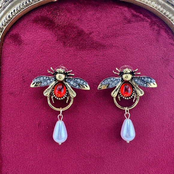 Honeybee Gold Red Pearl Drop Earrings - Picture 8 of 9